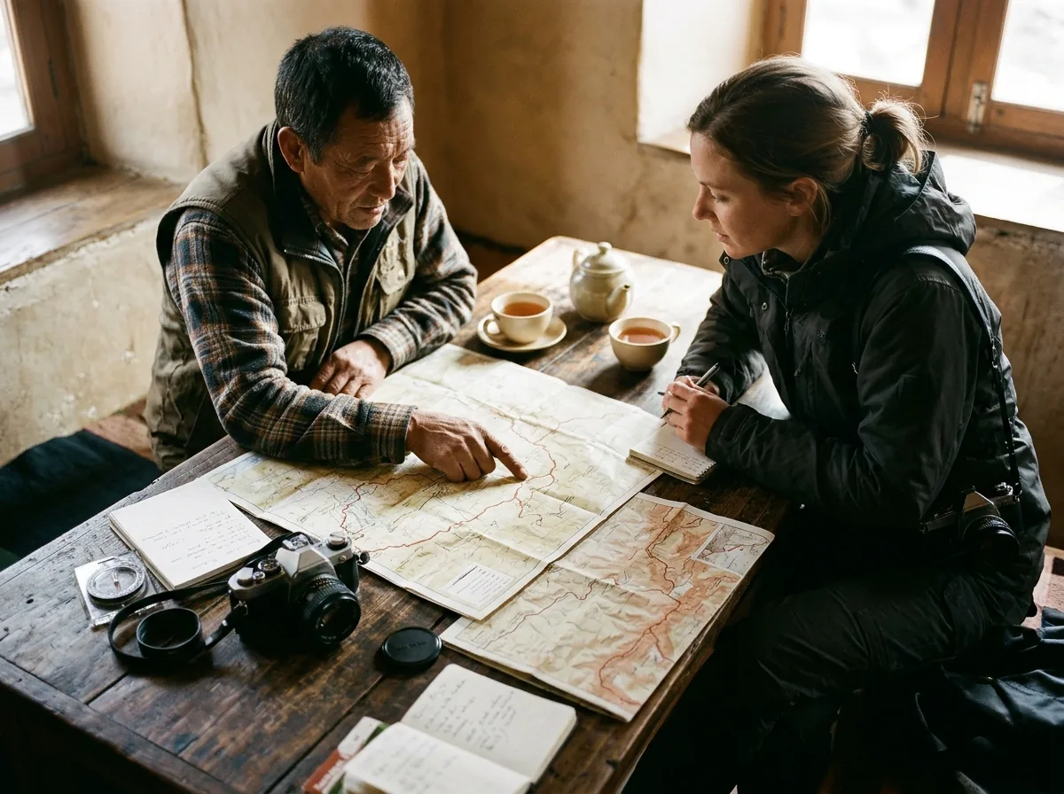 嚮導與攝影師在旅途中討論拍攝構圖